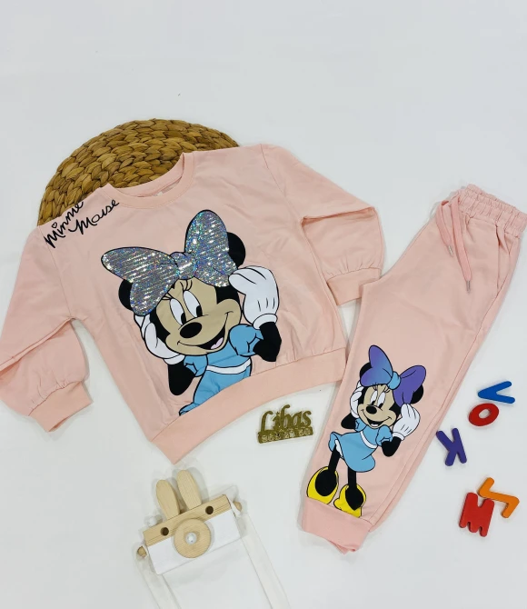 Bisiklet yaka Pul Pavetli Sweatshirt ve Eşofman İkili Takım 202468 - PEMBE - 2/3 YAŞ