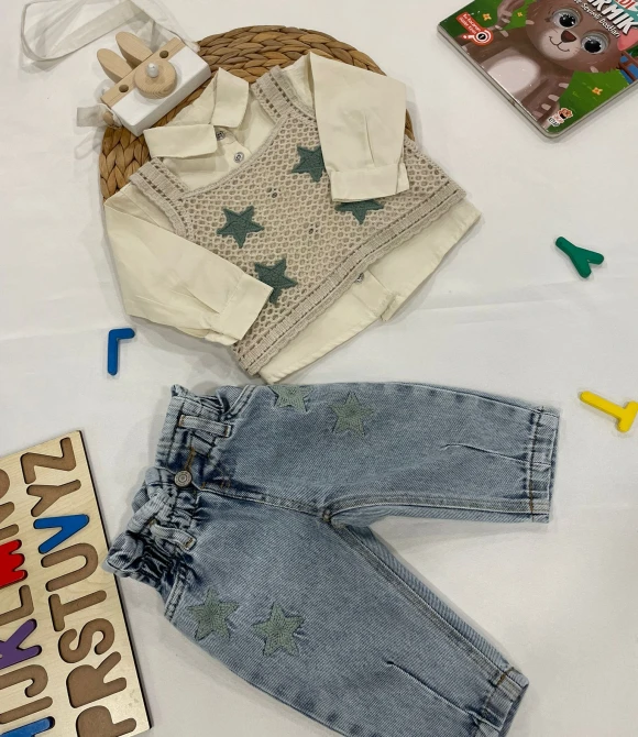 Gömlek,Süveter,Pantolon Üçlü Kız Bebek Takım 618 - YEŞİL - 9 AY