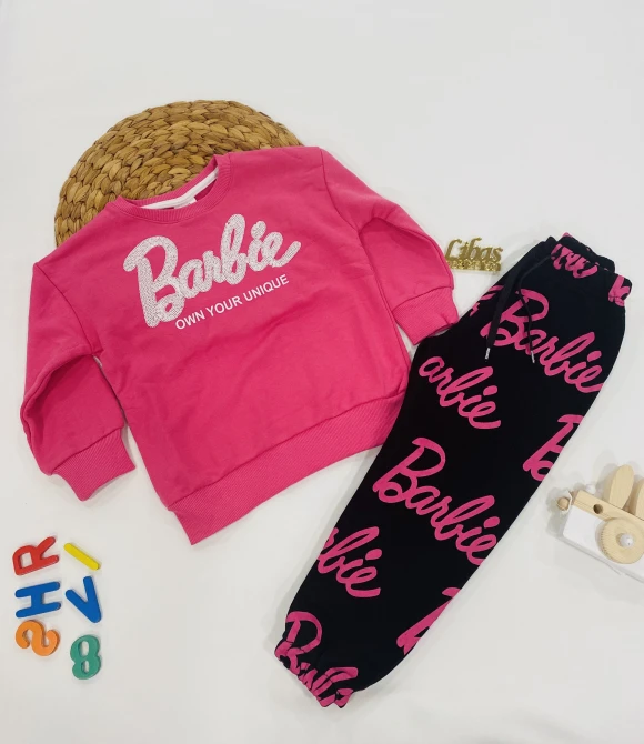 Bisiklet Yaka Kız Çocuk Baskılı Sweat ve Eşofman İkili Takım 202462 - PEMBE - 3/4 YAŞ