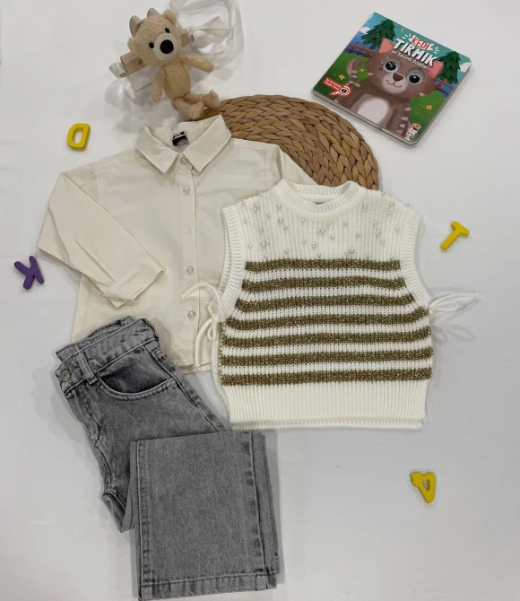 Pantolon, Süveter, Gömlek Kız Çocuk Üçlü Takım 652 - BEJ - 5 YAŞ
