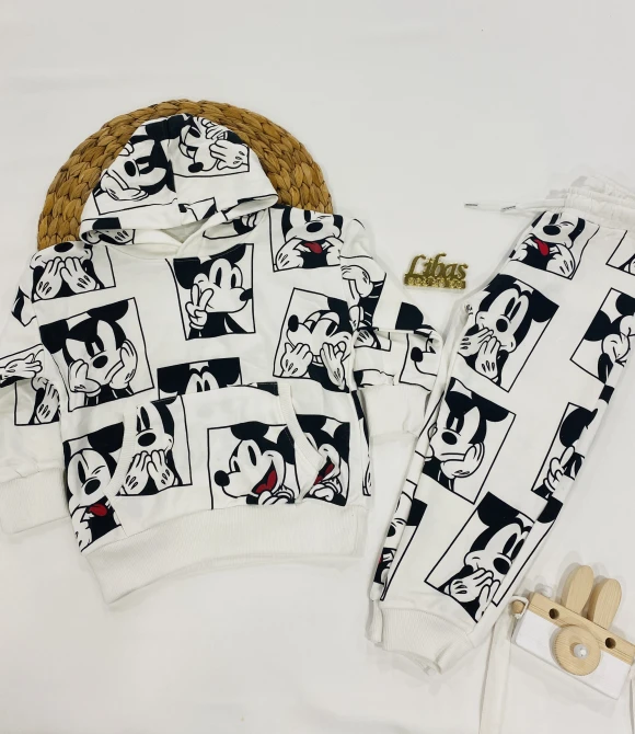 Kapüşonlu,Baskılı Sweatshirt ve Baskılı Eşofman Alt ikili takım 202476 - BEYAZ - 3/4 YAŞ