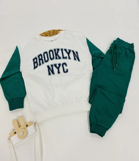 Bisiklet Yaka Baskılı Sweatshirt ve Alt Eşofman İkili Takım 202473 - MAVİ - 3/4 YAŞ