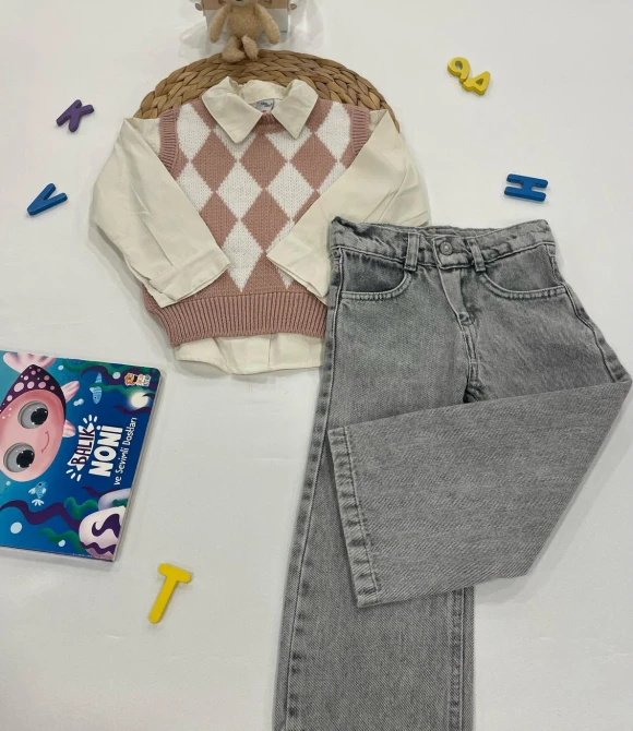 Kız Çocuk Gömlek, Süveter, Pantolon Üçlü Takım 634 - PEMBE - 5 YAŞ