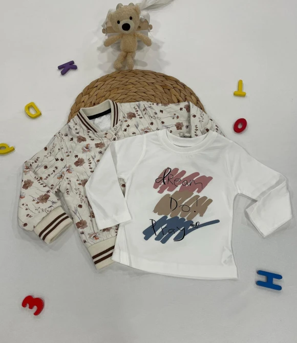 Kız Çocuk Mont, Sweat, Pantolon Üçlü Takım 3527 - AÇIK KAHVE - 1 YAŞ
