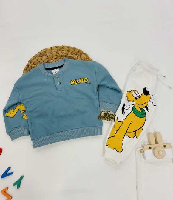 Yakası Düğmeli Sweatshirt ve Baskılı Alt Eşofman İkili Takım 202478 - PETROL - 1/2 YAŞ