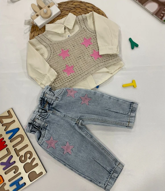 Gömlek,Süveter,Pantolon Üçlü Kız Bebek Takım 618 - PEMBE - 18 AY