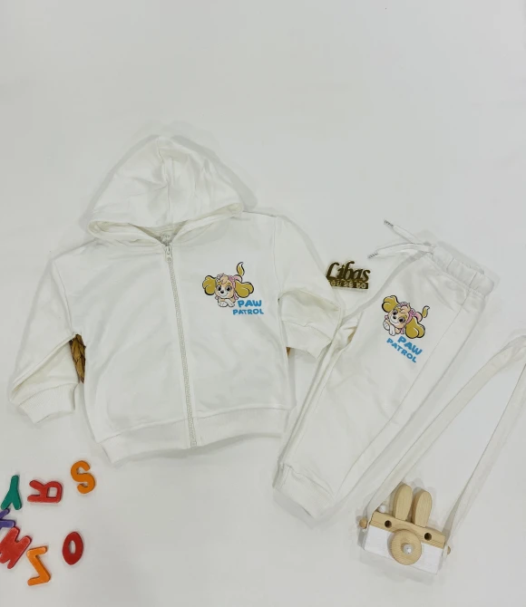 Kapüşonlu, Fermuarlı Sweatshirt ve Baskılı Alt Eşofman İkili Takım 202470 - BEYAZ - 1/2 YAŞ
