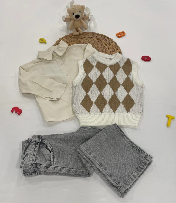 Kız Çocuk Gömlek, Süveter, Pantolon Üçlü Takım 634 - KAHVERENGİ - 2 YAŞ