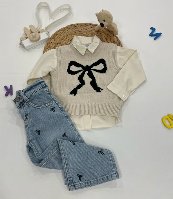 Pantolon, Süveter, Gömlek Kız Çocuk Üçlü Takım 653 - BEJ - 5 YAŞ