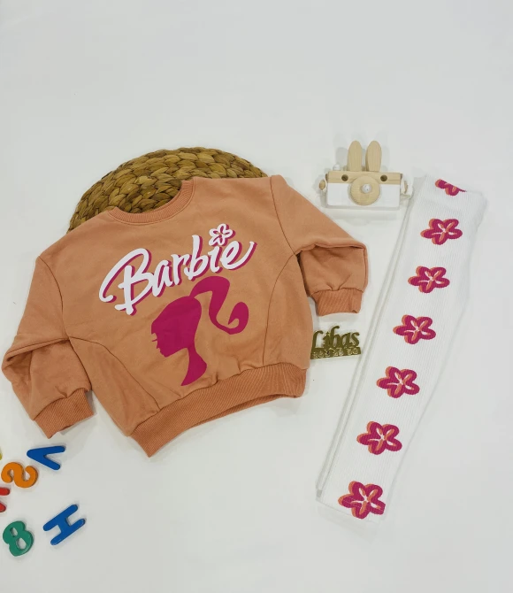 Barbie baskılı sweat ve tayt kız çocuk ikili takım 202458 - TURUNCU - 2/3 YAŞ