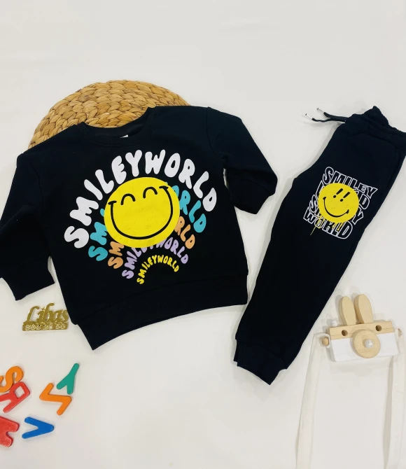 Bisiklet Yaka Baskılı Sweatshirt ve Baskılı Alt Eşofman İkili Takım 202480 - SİYAH - 3/4 YAŞ