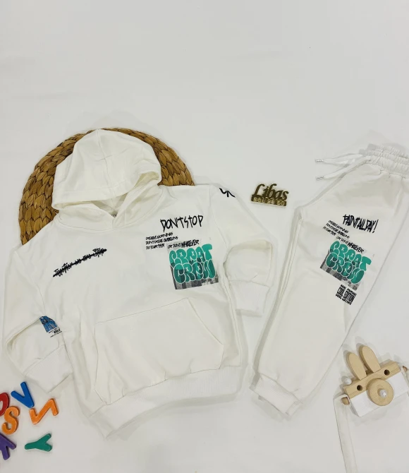 Kanguru Cepli, Kapüşonlu Sweatshirt ve Baskılı Alt Eşofman İkili Takım 202477 - BEYAZ - 3/4 YAŞ